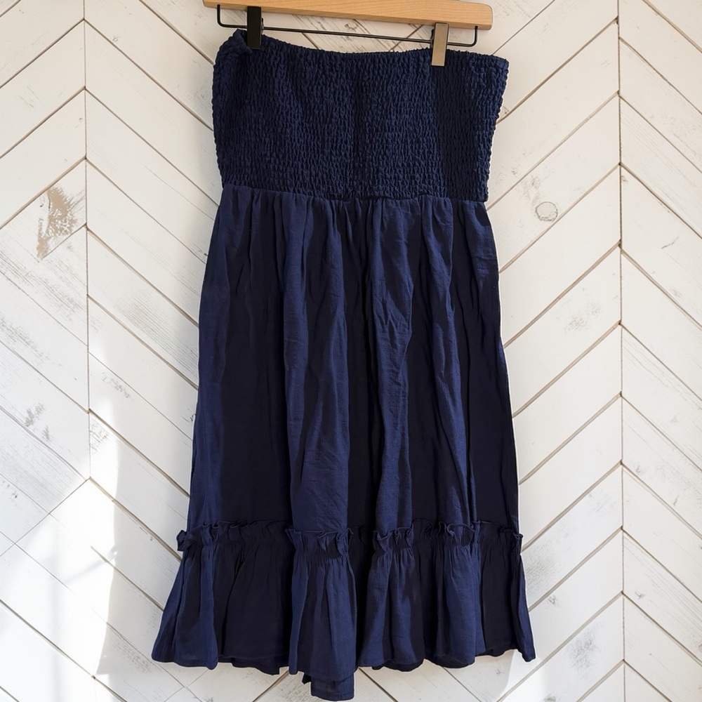 SHEIN Strapless Smocked Midi Dress Navy Boho Ruffle Hem Size L - Picture 2 of 6